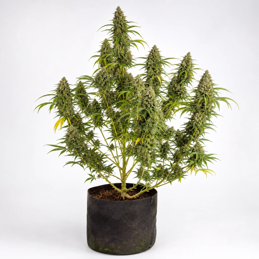 Ilustración de una planta ramificada con cogollos alargados y hojas estrechas en maceta negra para la ficha de NL5 Haze Mist Feminizada.