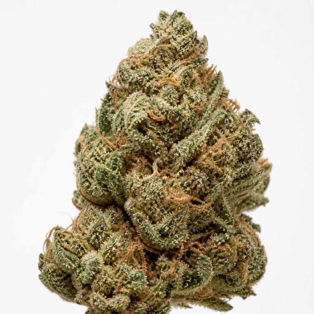 Ilustración de un cogollo verde con filamentos anaranjados y textura blanquecina para la ficha de No Name Auto de Medical Seeds.