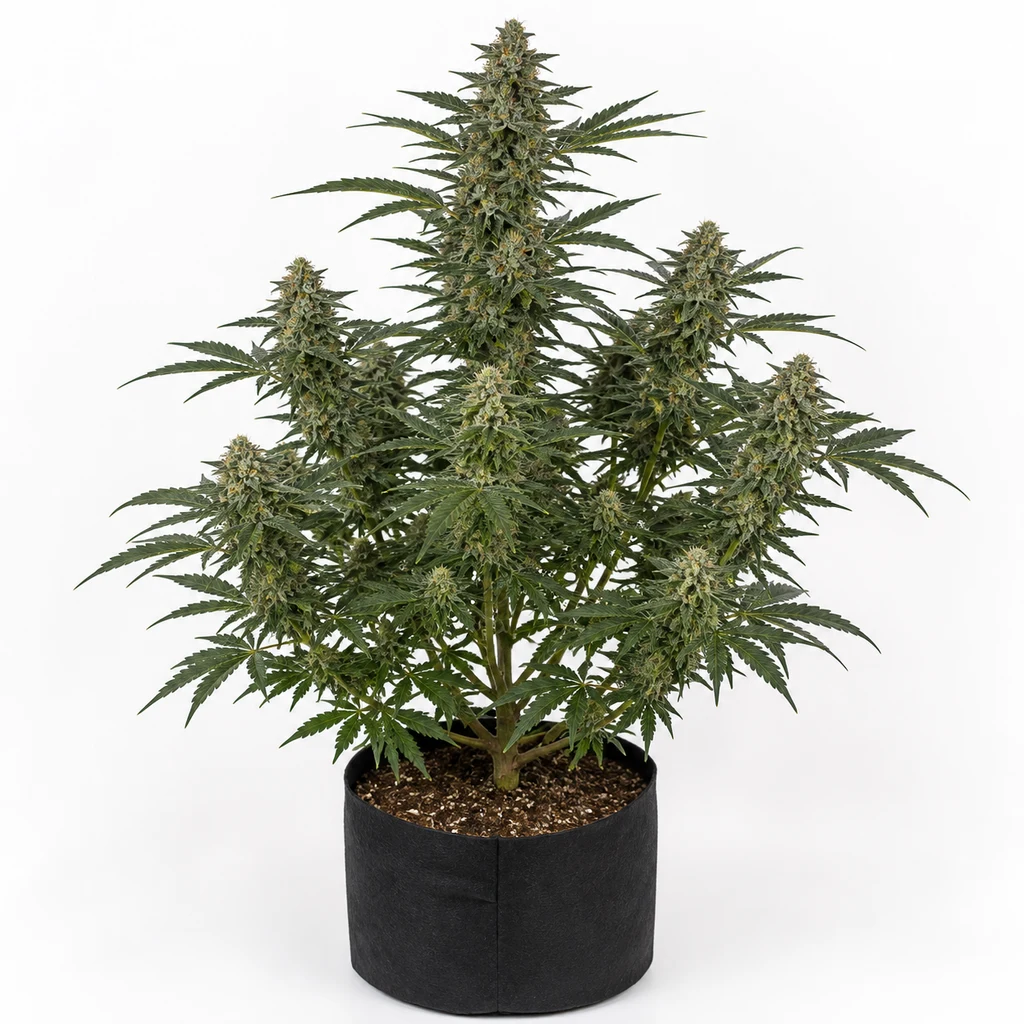 Ilustración de una planta en floración en maceta negra para la ficha de Northern Light 5 X Haze, con cogollos alargados sobre fondo blanco.