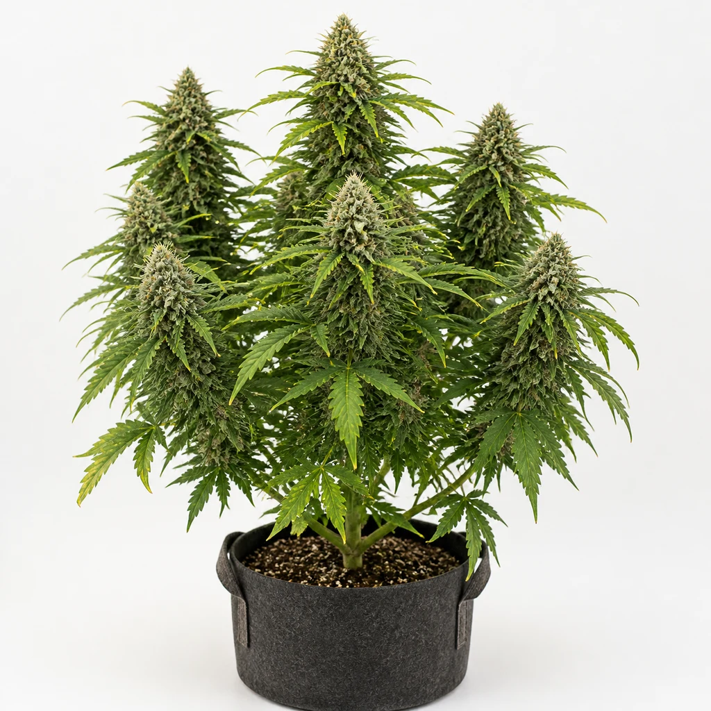 Ilustración de una planta en floración para la ficha de Northern Light Auto Nirvana, con cogollos y maceta gris sobre fondo blanco.