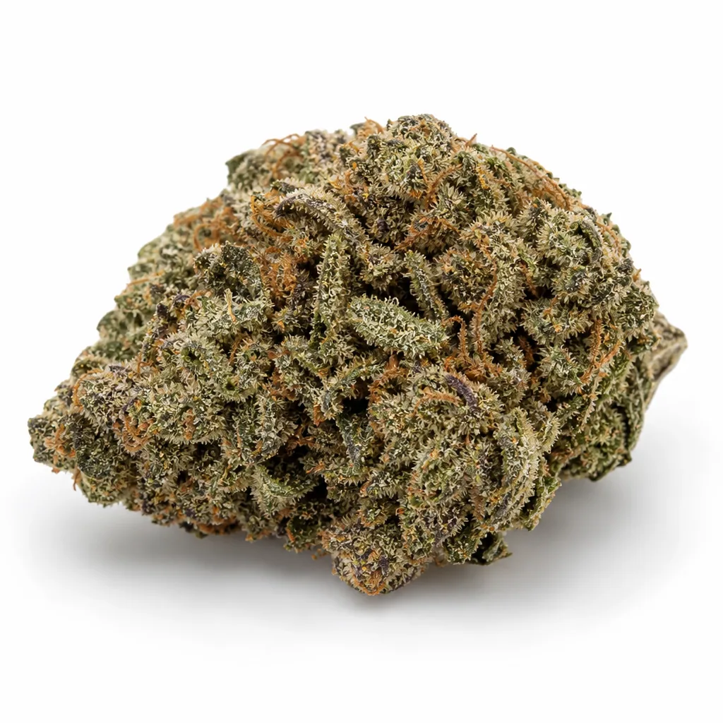 Cogollo de Northern Lights Auto de PEV Seeds, ancho e irregular, con tonos verdes y violetas, tricomas claros y pistilos anaranjados.