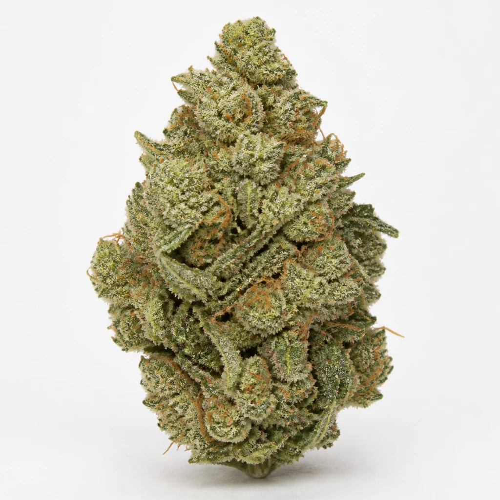 Ilustración de un cogollo verde alargado con filamentos anaranjados y superficie blanquecina para la ficha de Northern Lights #5 x Haze Regular.