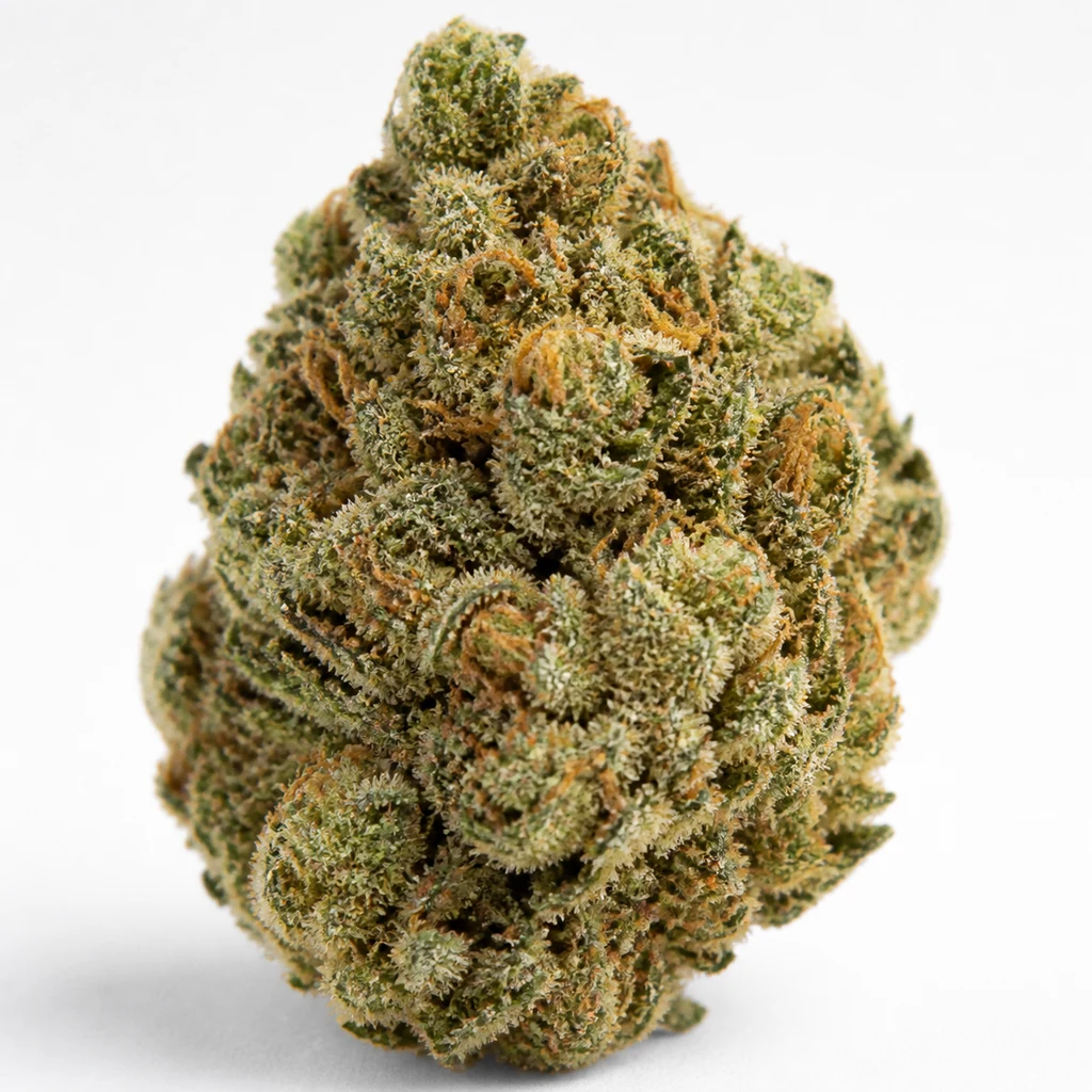 Ilustración de un cogollo compacto verde, con pistilos anaranjados y abundantes tricomas claros, para la ficha de Northern Lights Auto.