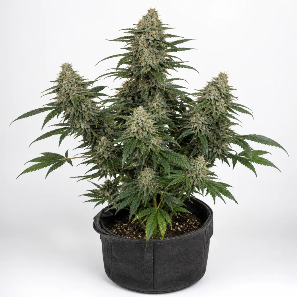 Northern Lights Feminizada de Expert Seeds en floración, con cogollos alargados y hojas verdes en una maceta de tela negra.
