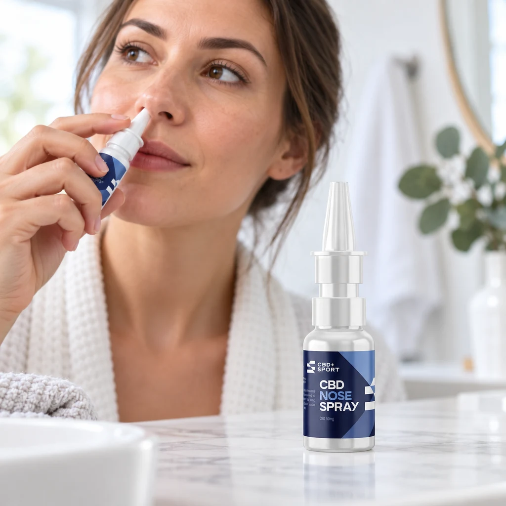Escena generada de una mujer aplicándose un spray nasal, con un frasco de CBD Nose Spray en primer plano sobre el lavabo.