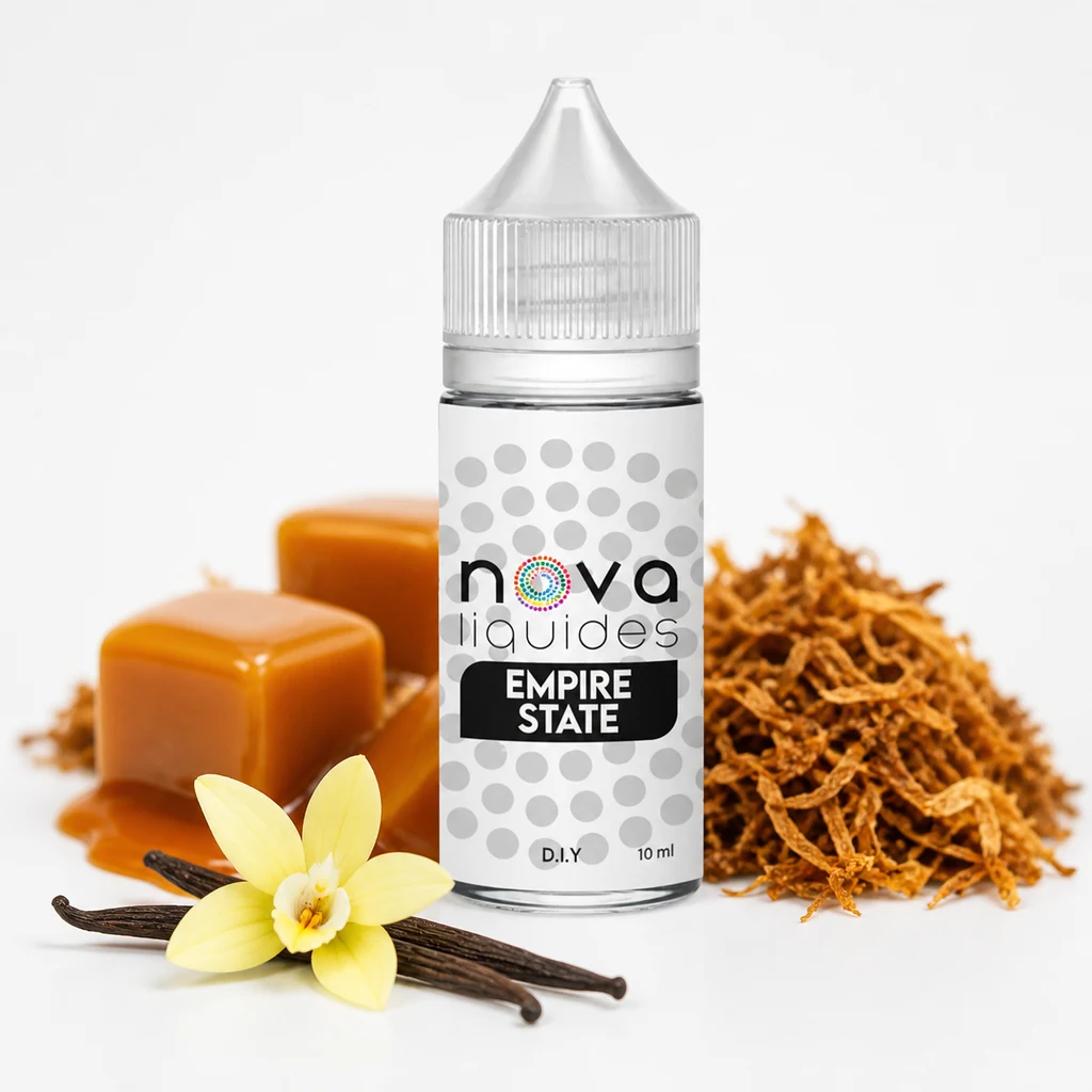Frasco de aroma Empire State Nova Liquides de 10 ml, rodeado de caramelos, vainas y flor de vainilla y tabaco picado.
