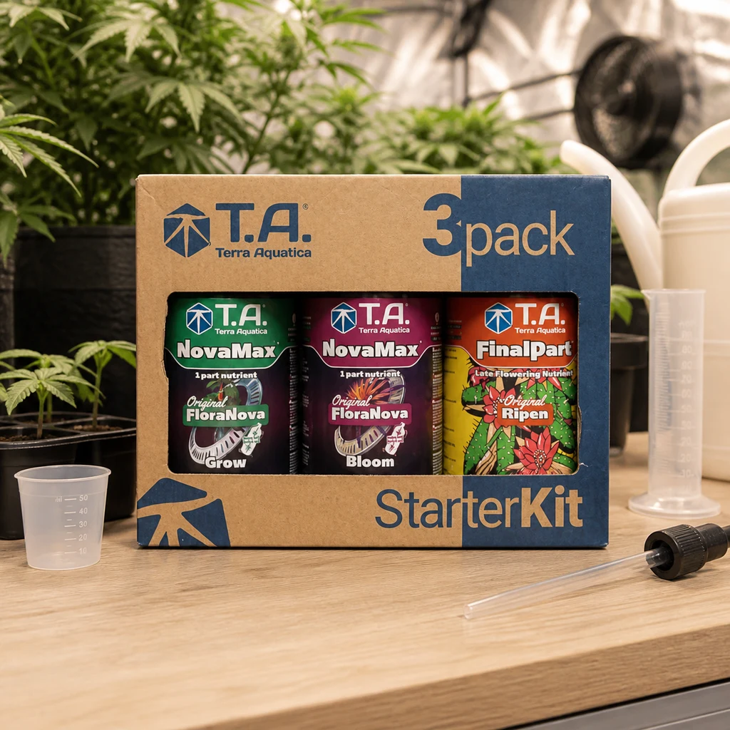 Caja T.A. Starter Kit con tres botes visibles: NovaMax Grow, NovaMax Bloom y FinalPart, sobre una mesa con utensilios de medición y plantas.