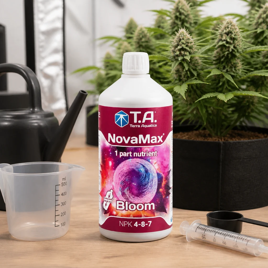 Botella de NovaMax Bloom Terra Aquatica con etiqueta NPK 4-8-7, junto a un vaso medidor, una jeringa y una regadera, con plantas al fondo. Botella de NovaMax Bloom Terra Aquatica con etiqueta NPK 4-8-7, junto a un vaso medidor, una jeringa y una regadera, con plantas al fondo.