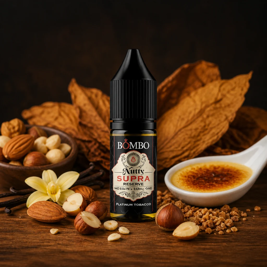 Frasco de Nutty Supra Reserve de Bombo entre hojas secas, frutos secos, una flor clara y una cucharilla con postre de superficie tostada.
