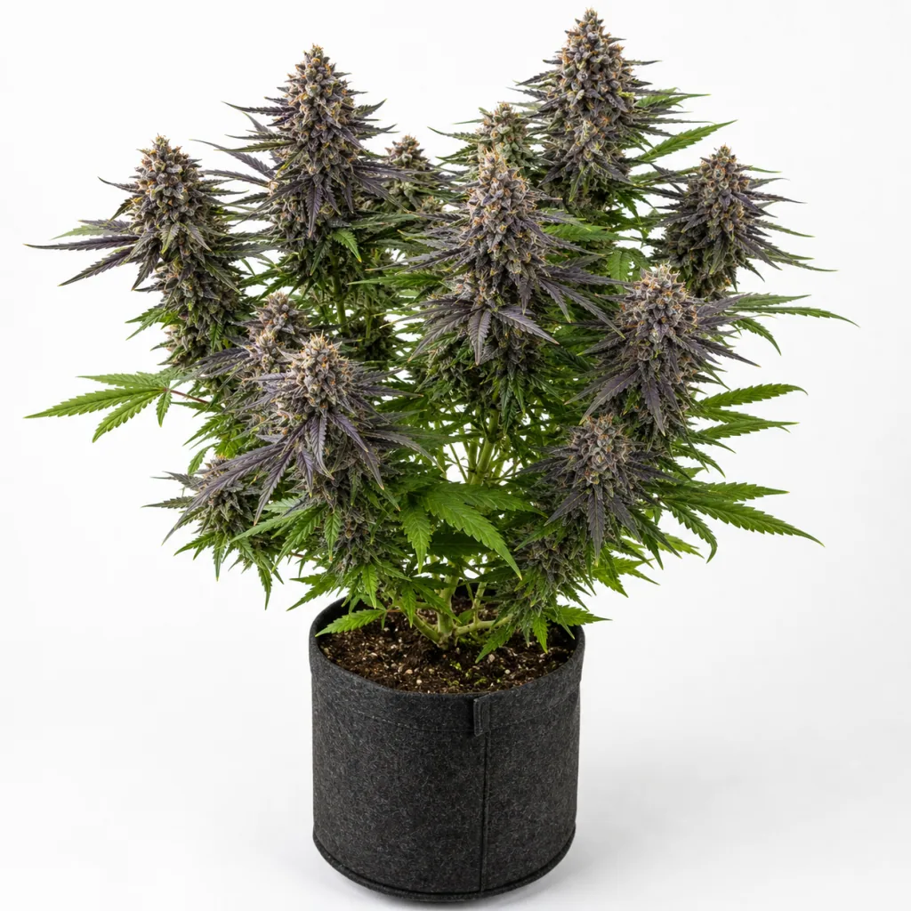 Planta de NBA Diesel Auto en maceta textil oscura, con varios cogollos alargados y hojas verdes y moradas sobre fondo blanco.