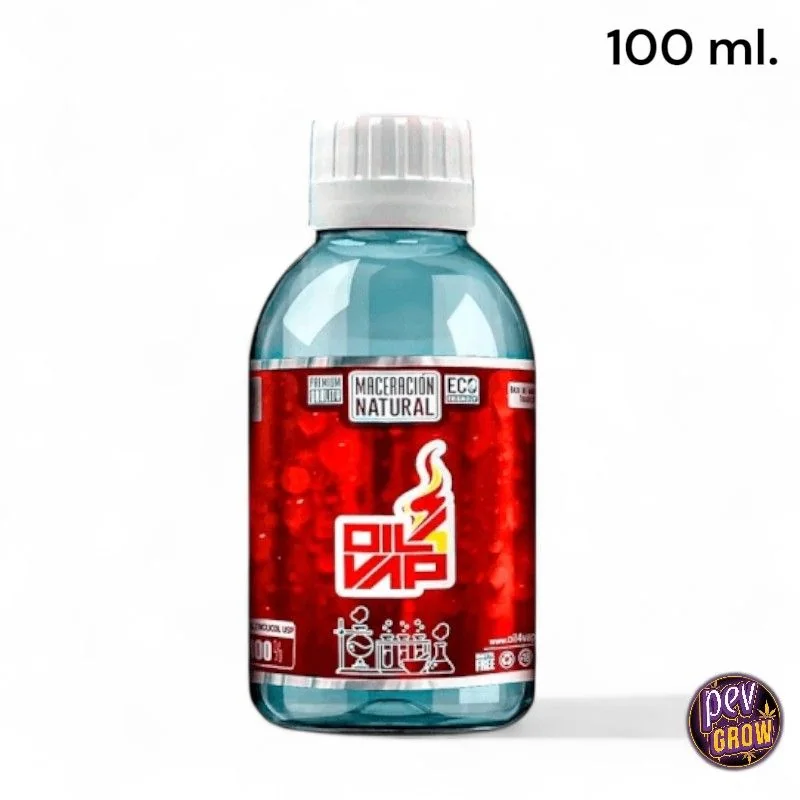 Botella de glicerina vegetal Oil4Vap con cuerpo transparente azulado, tapón blanco y etiqueta roja; texto «100 ml» en la esquina superior.