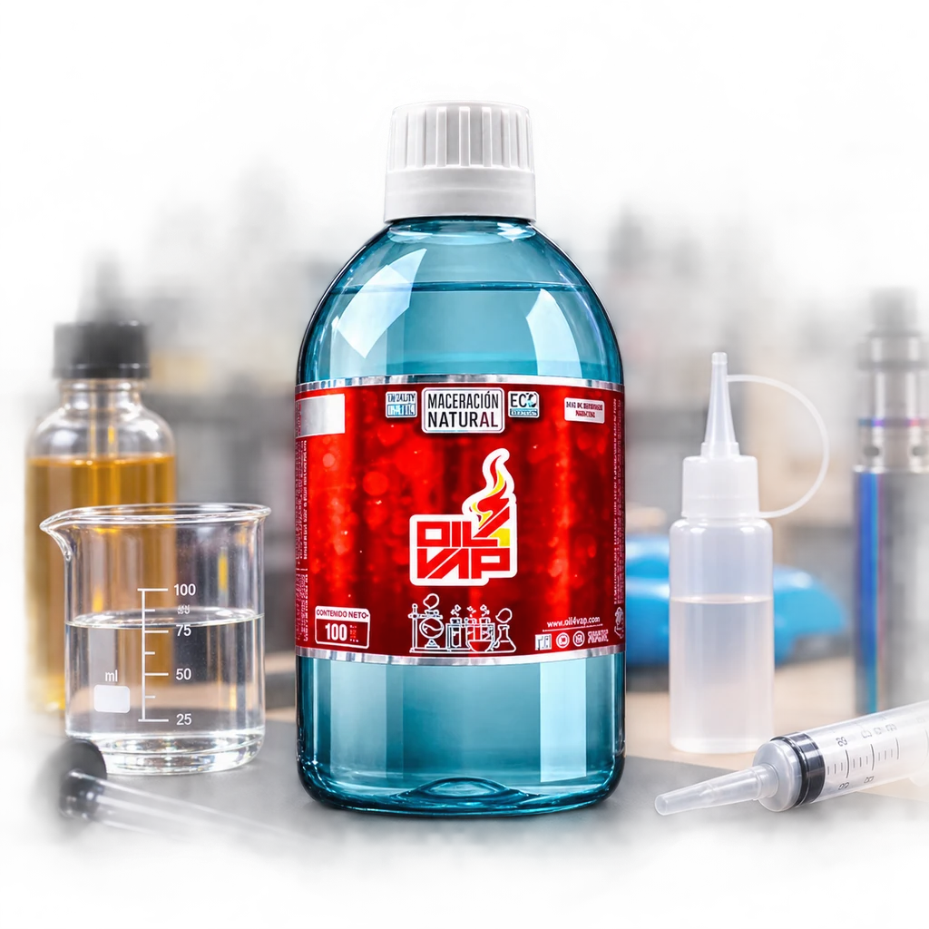 Botella de base de propilenglicol O4V con tapón blanco y etiqueta roja, junto a un vaso graduado, una jeringa y un frasco dosificador.