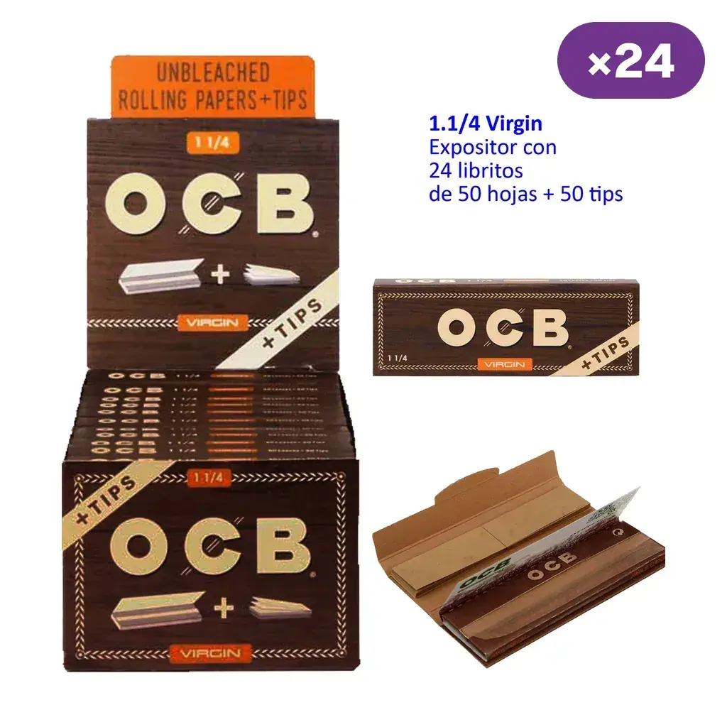 Expositor OCB Virgin 1 1/4 y libritos cerrado y abierto de papel con tips; el texto indica 24 libritos de 50 hojas y 50 tips.