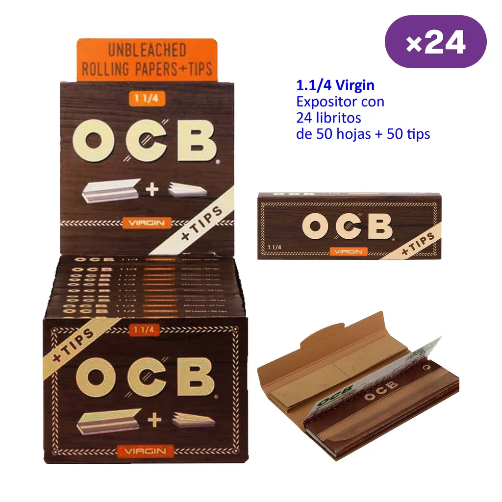 Expositor OCB Virgin 1 1/4 y libritos cerrado y abierto de papel con tips; el texto indica 24 libritos de 50 hojas y 50 tips.