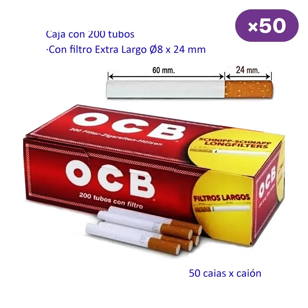 Estuche rojo y amarillo OCB de 200 tubos con filtros largos, varias unidades delante y distintivo de 50 cajas por cajón.