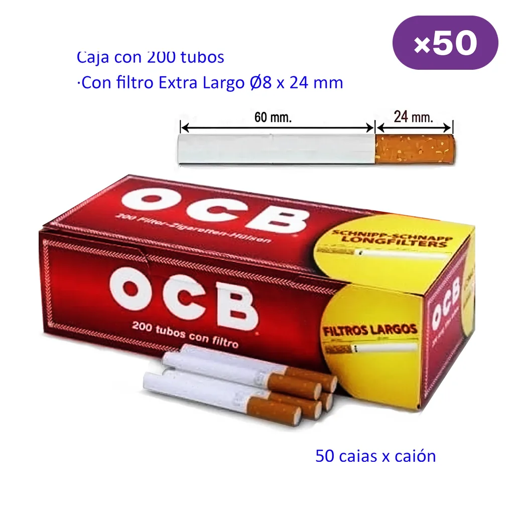 Estuche rojo y amarillo OCB de 200 tubos con filtros largos, varias unidades delante y distintivo de 50 cajas por cajón.