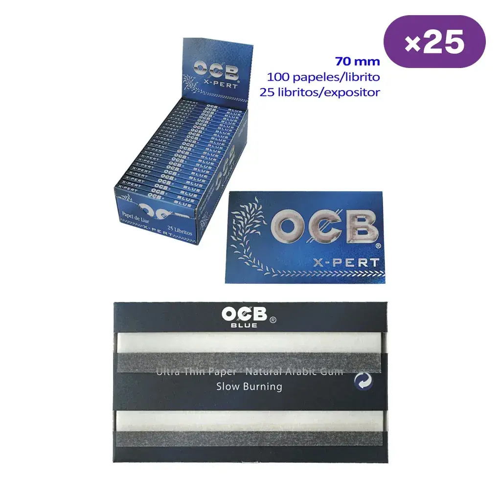 Papel de liar OCB Blue con expositor azul, librito cerrado y abierto; el montaje indica 70 mm, 100 papeles por librito y 25 libritos por expositor.