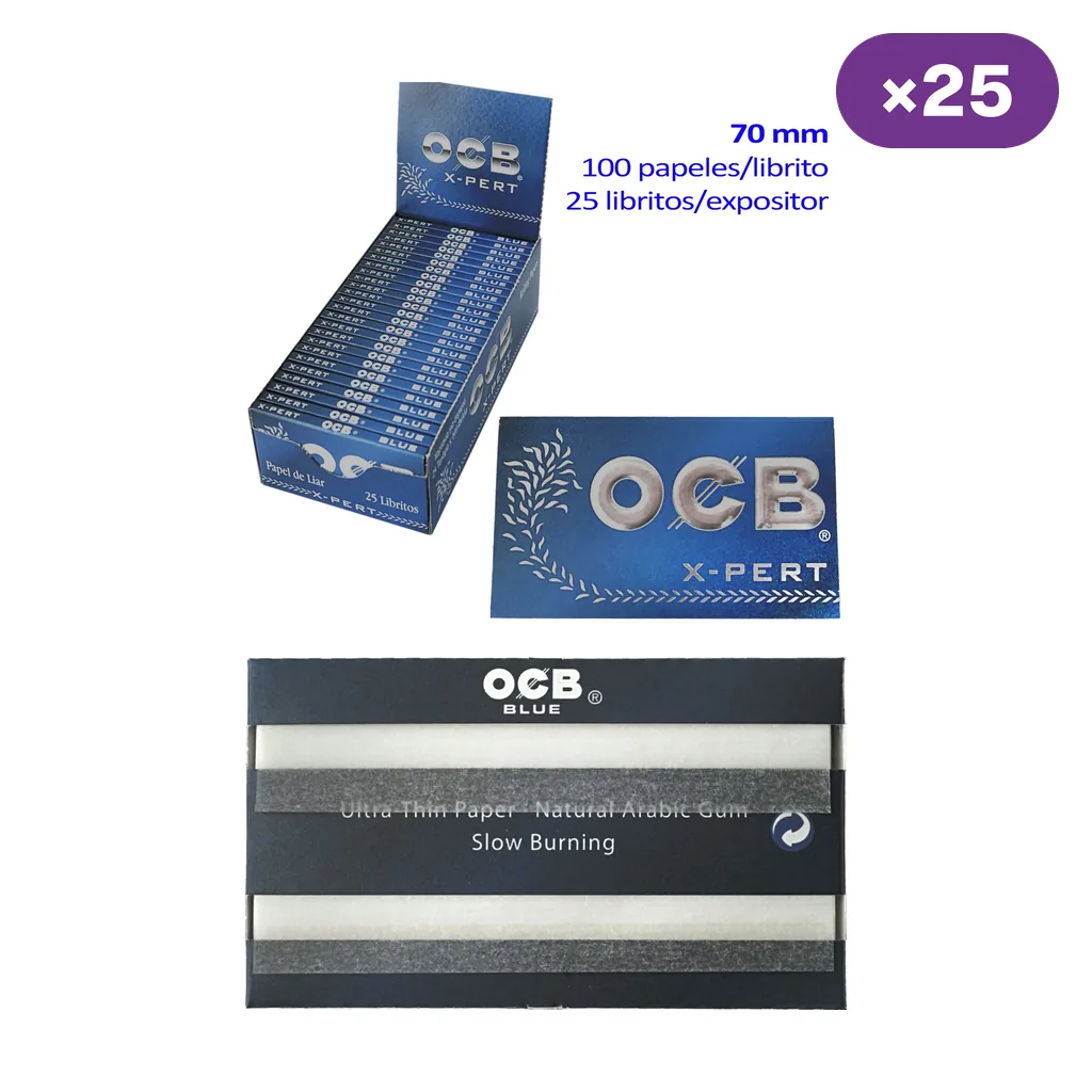 Papel de liar OCB Blue con expositor azul, librito cerrado y abierto; el montaje indica 70 mm, 100 papeles por librito y 25 libritos por expositor.