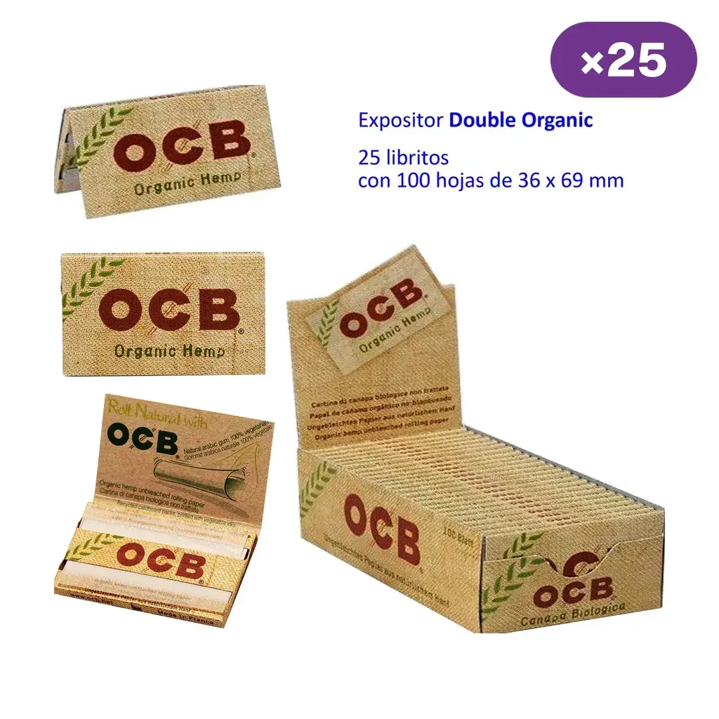 Papel OCB Organic Hemp en libritos abiertos y cerrados junto a su expositor; el texto indica 25 libritos con 100 hojas cada uno.