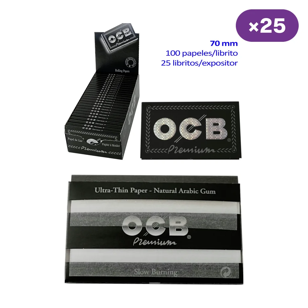 Papel de liar OCB Doble Premium con expositor y librito abierto; el montaje indica 100 papeles por librito y 25 libritos por expositor.