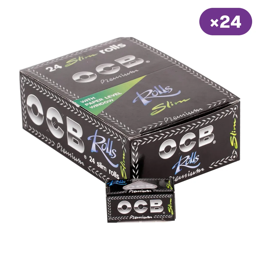 Caja expositora negra OCB Rolls Slim Premium con una cajita delante, texto «24 Slim rolls» y distintivo «por 24».