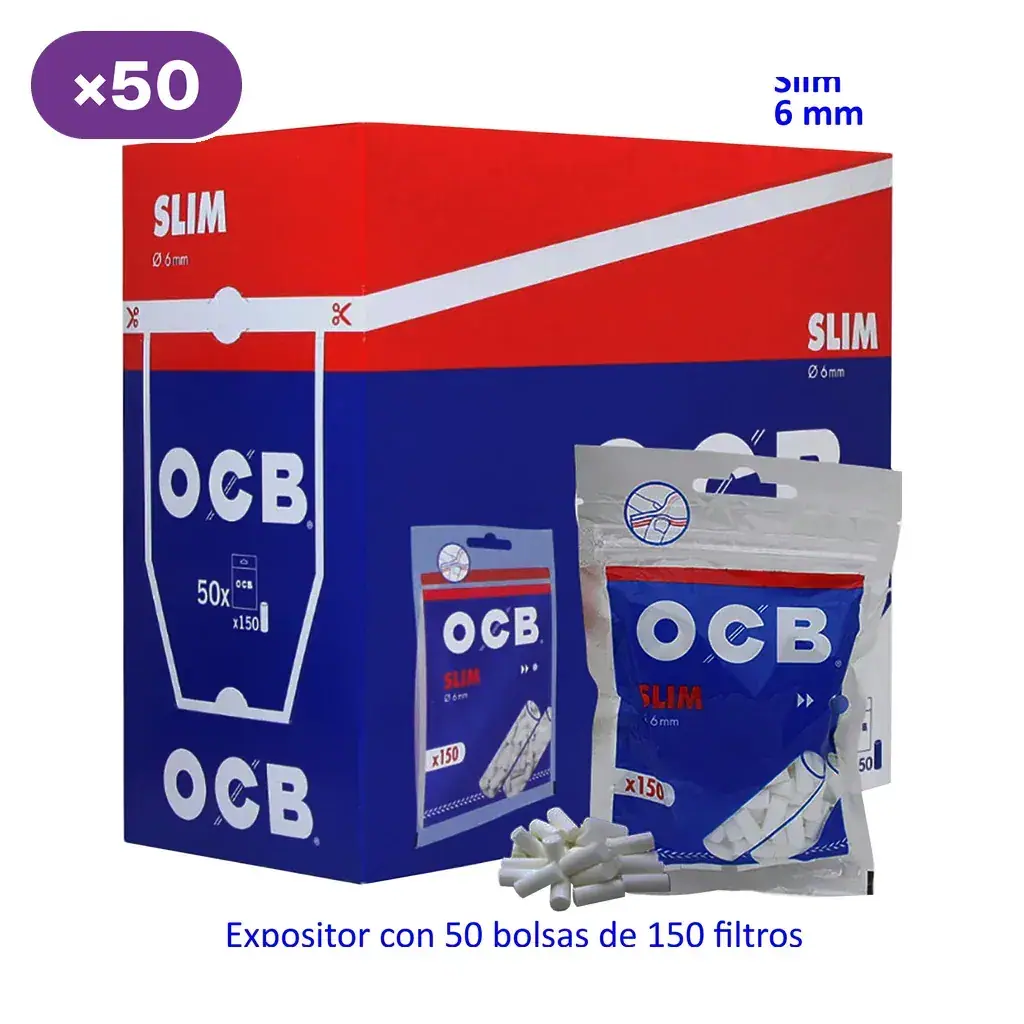 Expositor OCB Slim rotulado con 50 bolsas de 150 filtros, junto a una bolsa azul y plateada y varios filtros blancos.
