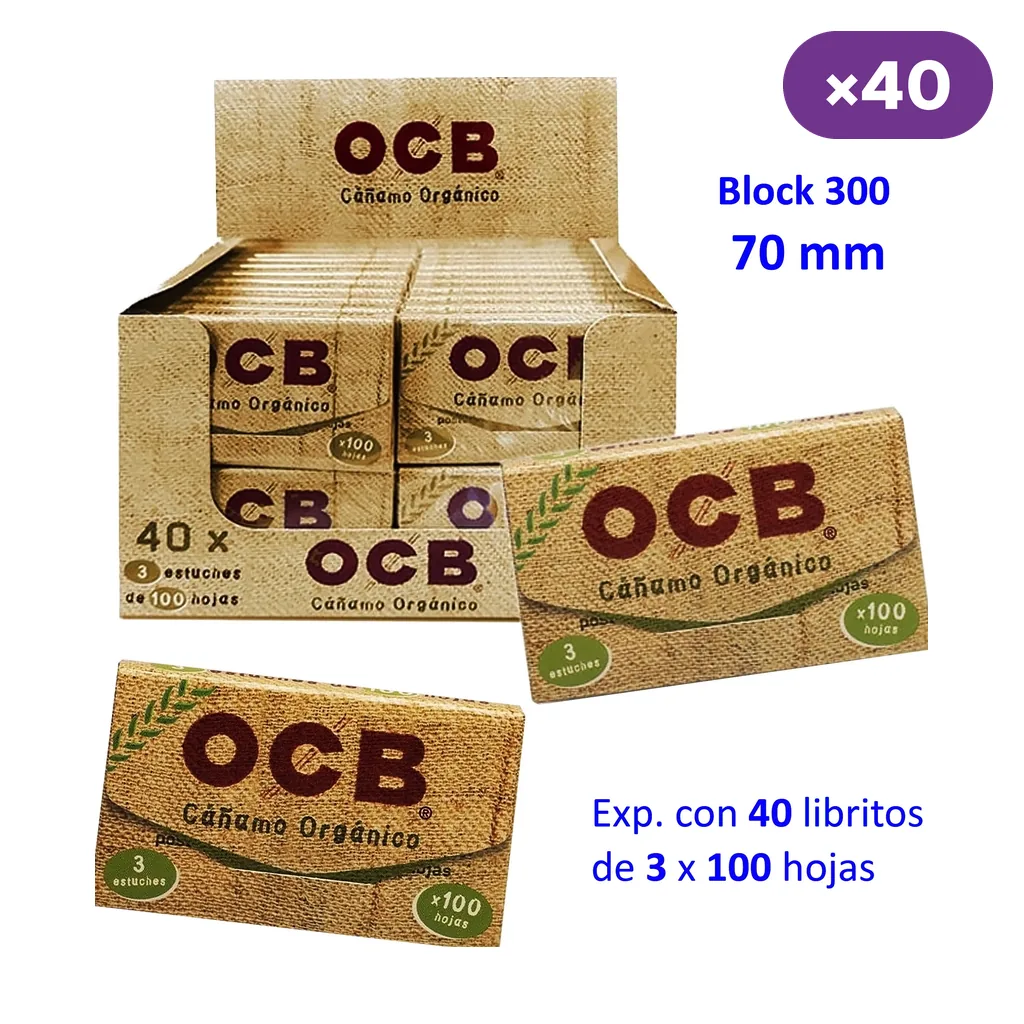 Expositor y libritos OCB Cáñamo Orgánico Block 300 de 70 mm, con indicaciones de 3 × 100 hojas y caja de 40 libritos.