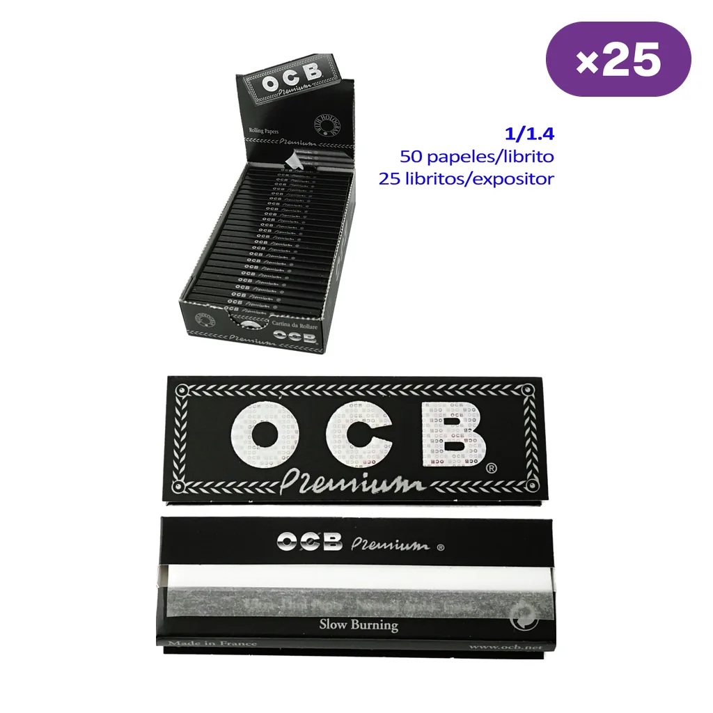 Expositor de papel OCB Premium 1 1/4 y detalle de un librito negro abierto; el texto indica 50 papeles por librito y 25 libritos por expositor.