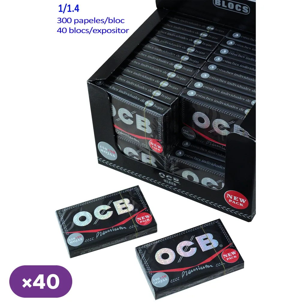 Expositor negro de papel OCB Premium con varios blocs y otros delante; los envases muestran el logotipo plateado y la indicación 250 + 50 hojas.