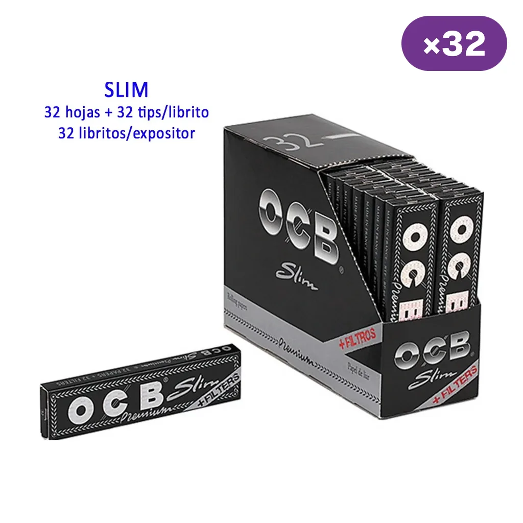 Expositor OCB Premium Slim con varios libritos negros y uno delante; el texto indica 32 hojas y 32 tips por librito y 32 libritos por caja.