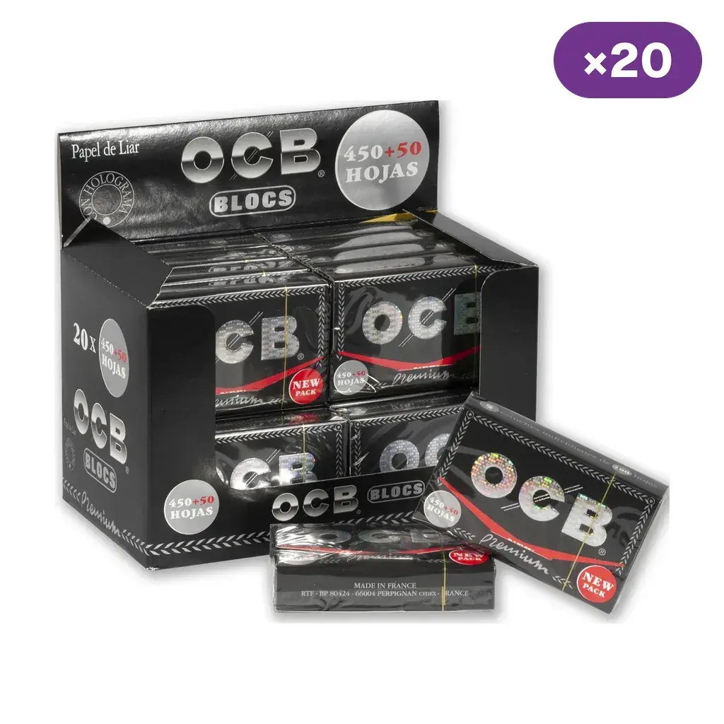 Caja expositora de papel OCB Premium con bloques negros, dos de ellos delante, y distintivo de 20 unidades sobre fondo blanco.