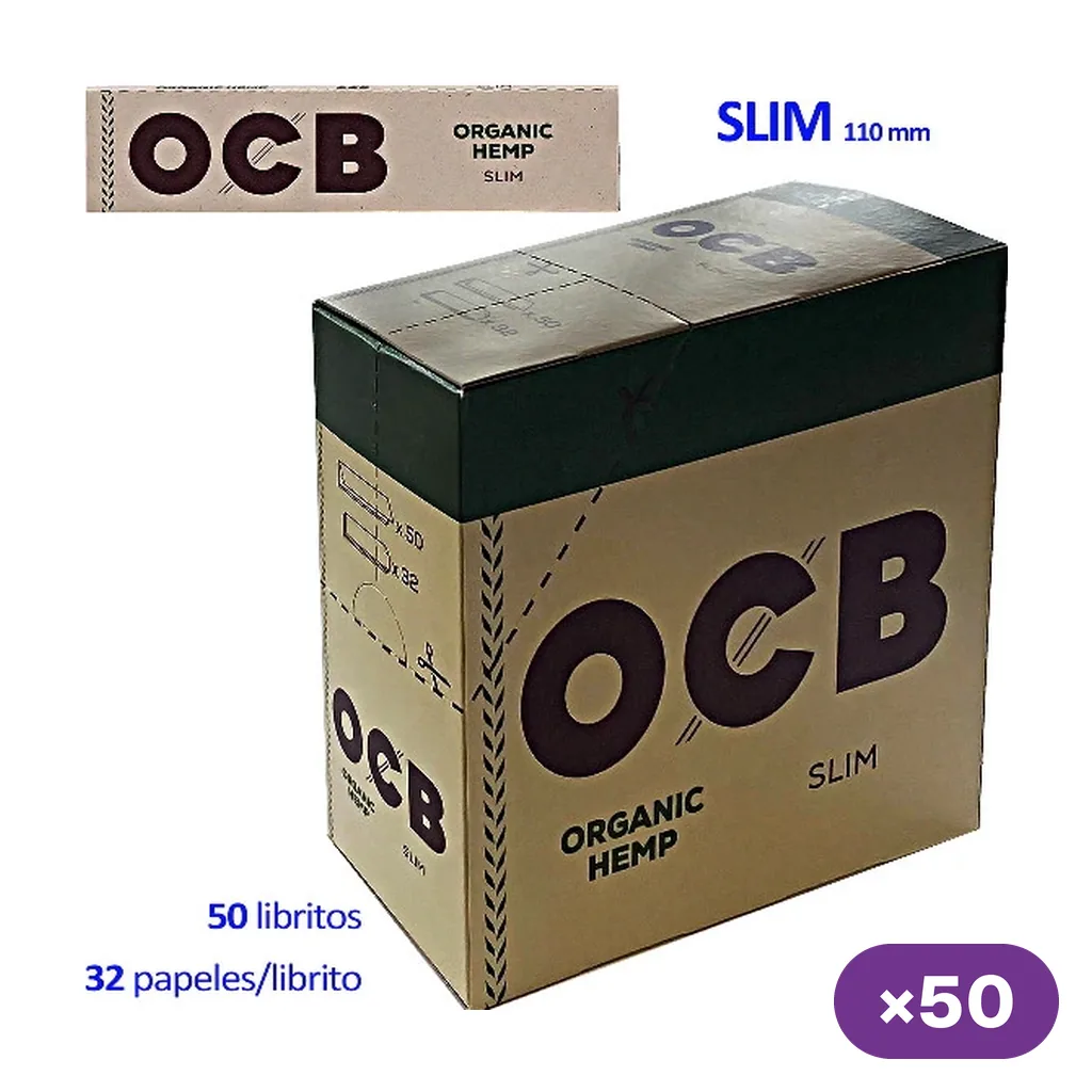 Caja OCB Organic Hemp Slim y un librito, con etiquetas de 110 mm, 50 libritos y 32 papeles por librito.