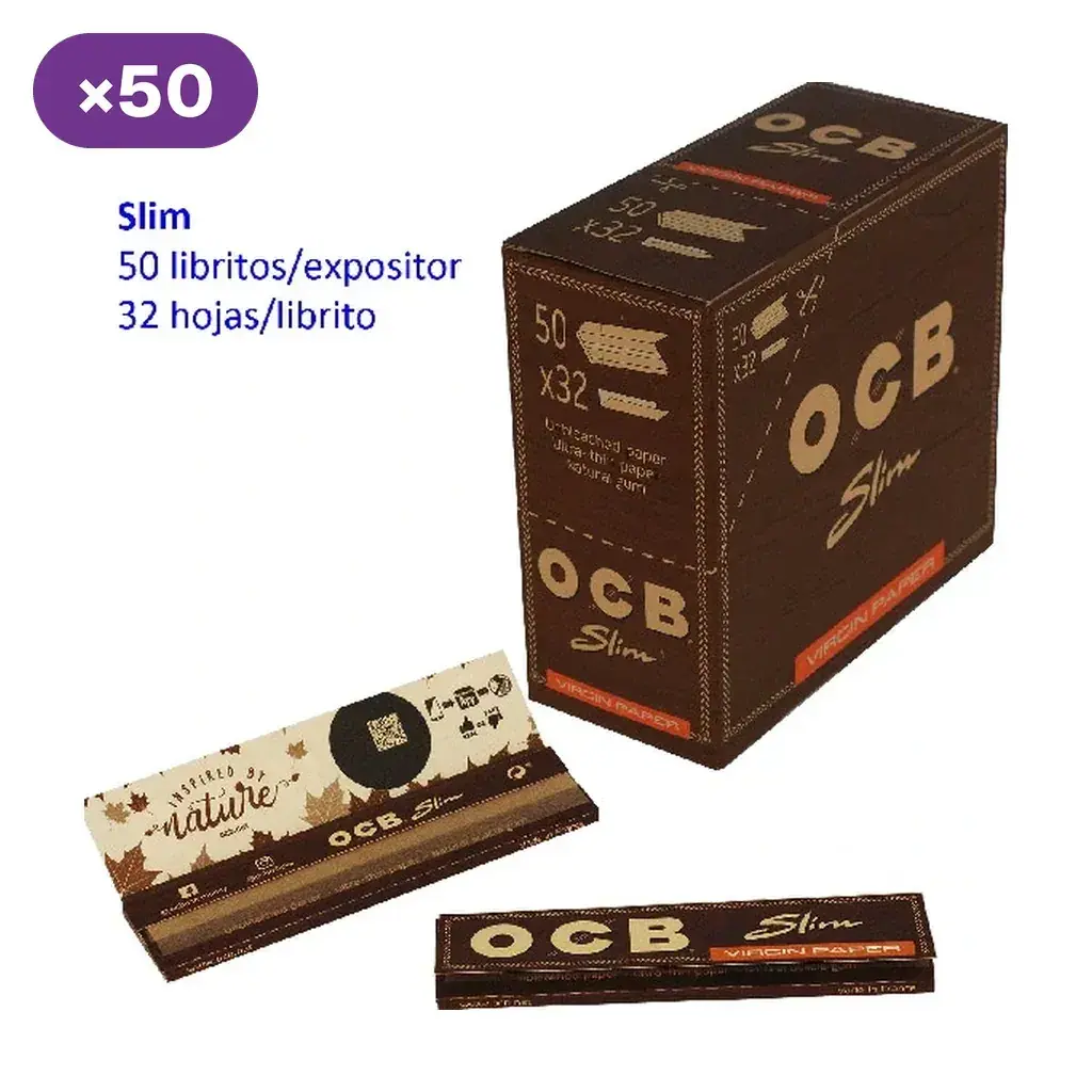 Caja OCB Slim Virgin junto a dos vistas de los libritos marrones; el texto indica 50 libritos por expositor y 32 hojas por librito.