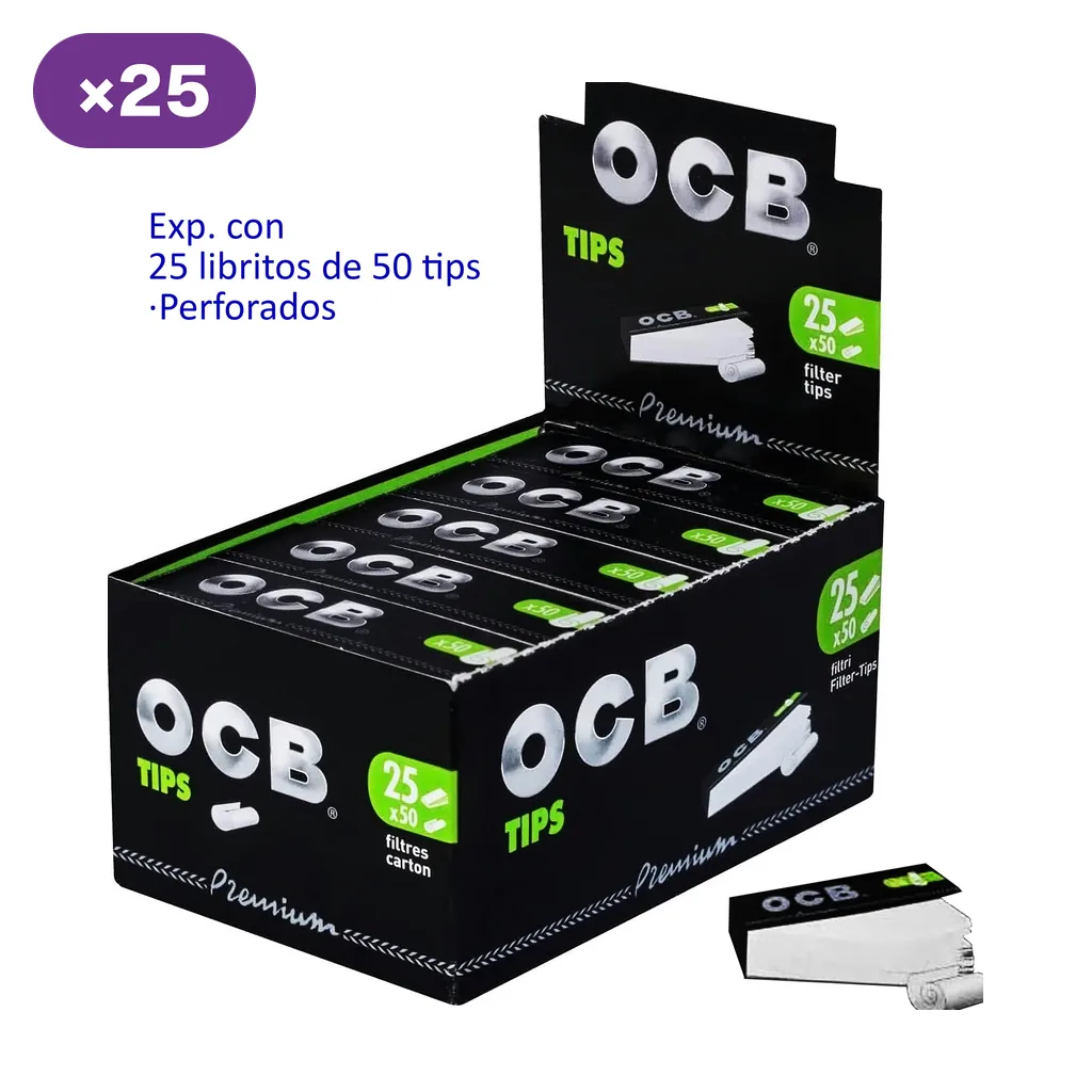 Expositor negro de tips perforados OCB Premium, rotulado con 25 libritos de 50 tips, y un librito abierto delante.