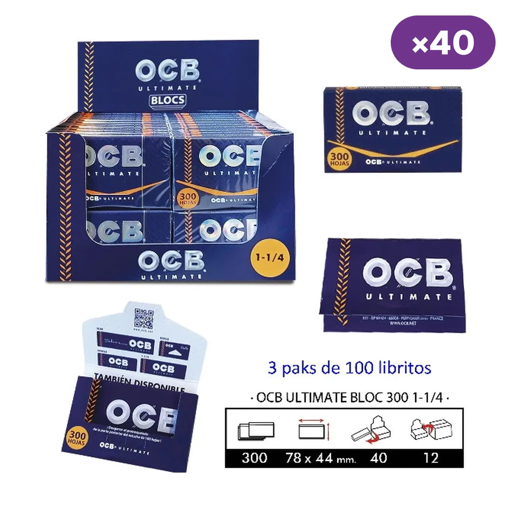 Expositor de papel OCB Ultimate Block 300 con varios bloques azules, vistas del envase abierto y cerrado e indicación de caja de 40.