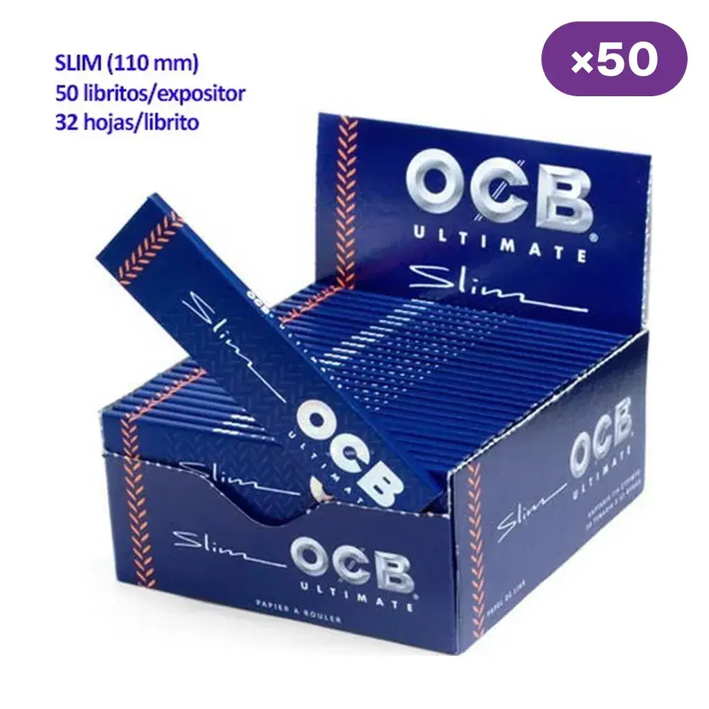 Expositor azul de papel de liar OCB Ultimate Slim con varios libritos y uno en diagonal; se indica 50 libritos y 32 hojas por librito.
