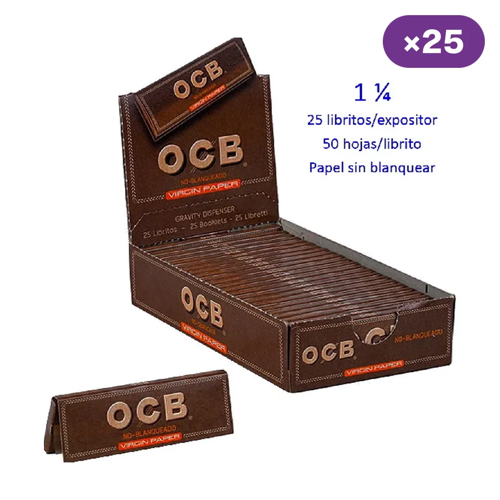 Expositor marrón de papel OCB Virgin 1 ¼ y un librito delante; el texto indica 25 libritos, 50 hojas por librito y papel sin blanquear.