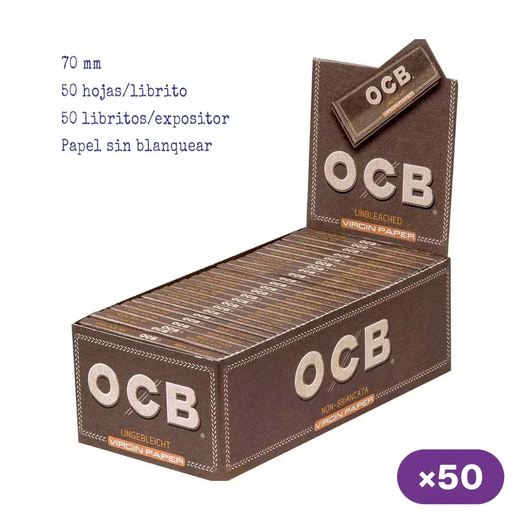 Expositor marrón OCB Virgin con varios libritos de papel de liar; los rótulos indican papel sin blanquear, 50 hojas por librito y 50 libritos.