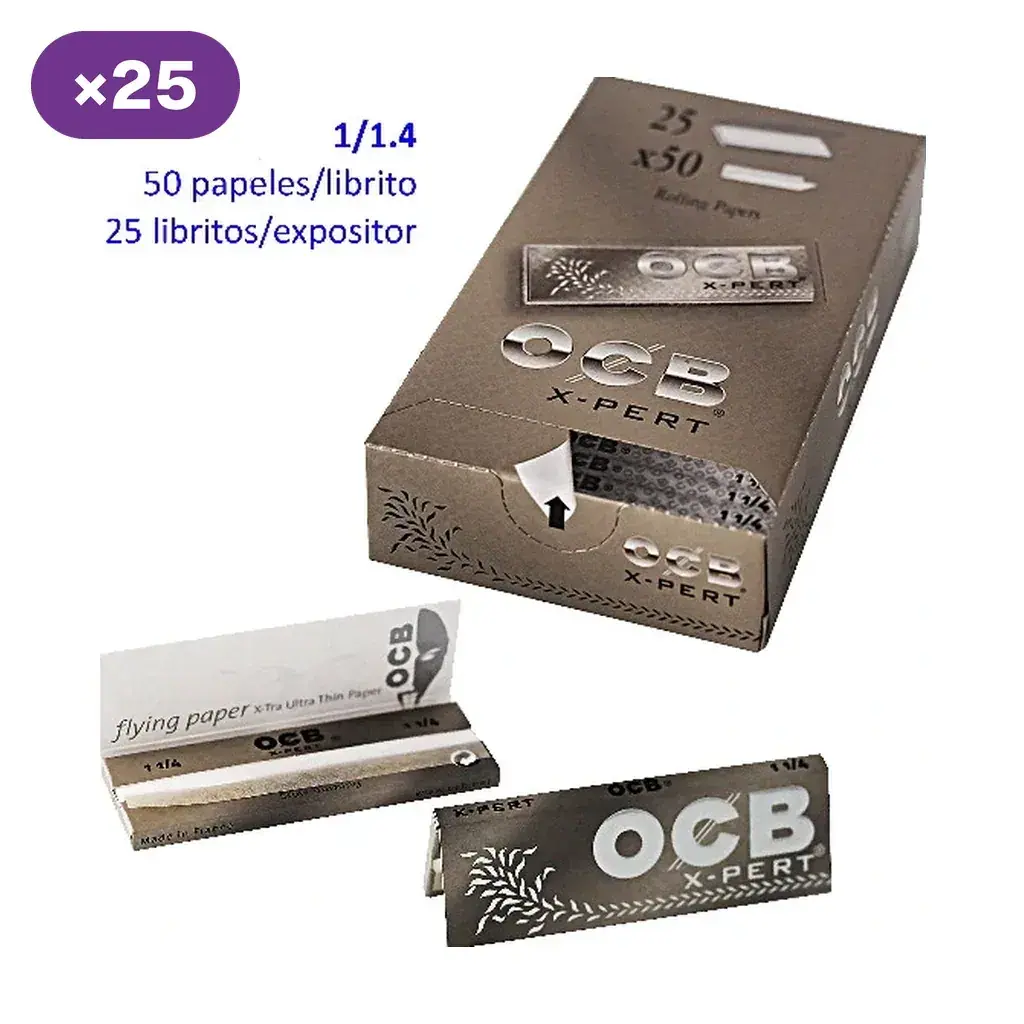 Caja expositora OCB X-Pert gris con un librito abierto y otro cerrado; el texto indica 25 libritos y 50 papeles por librito.