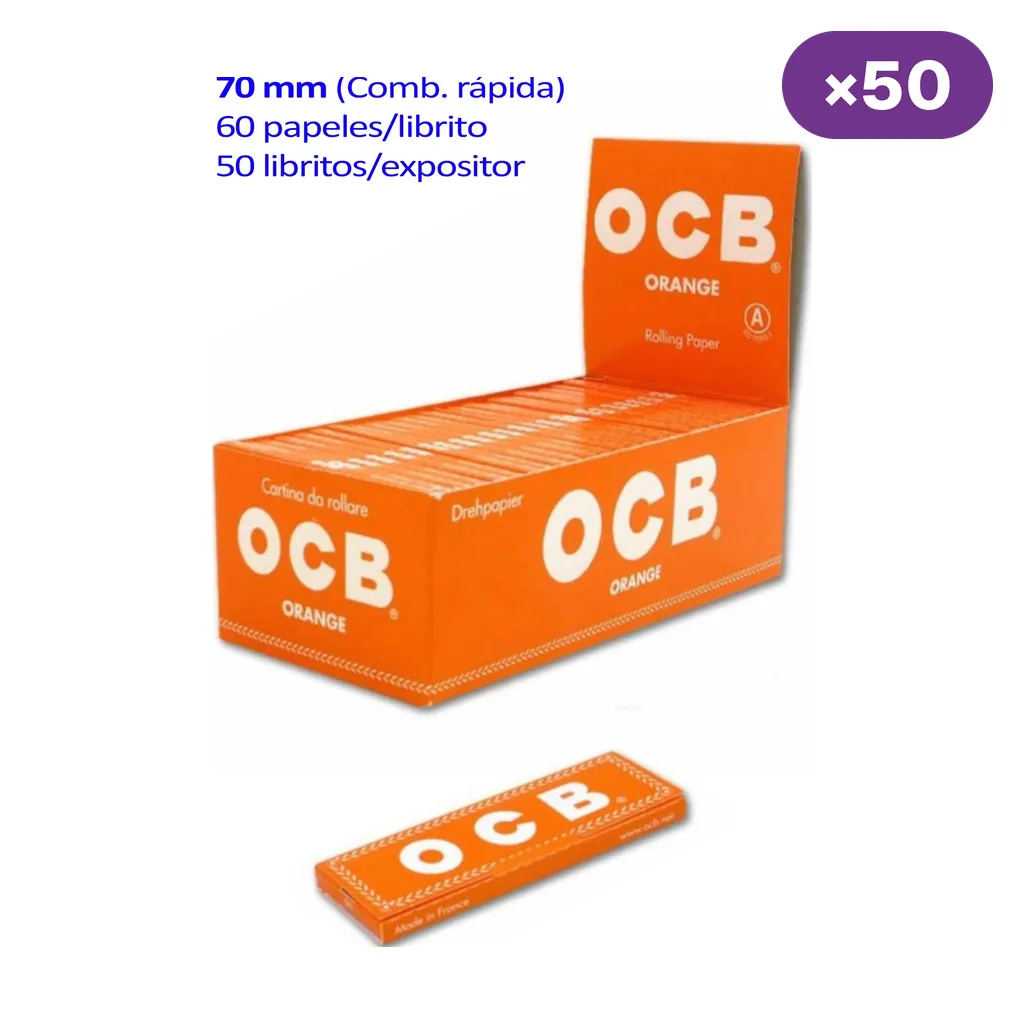 Expositor naranja de papel OCB Orange con un librito delante; el texto indica 70 mm, combustión rápida, 60 papeles por librito y 50 libritos.
