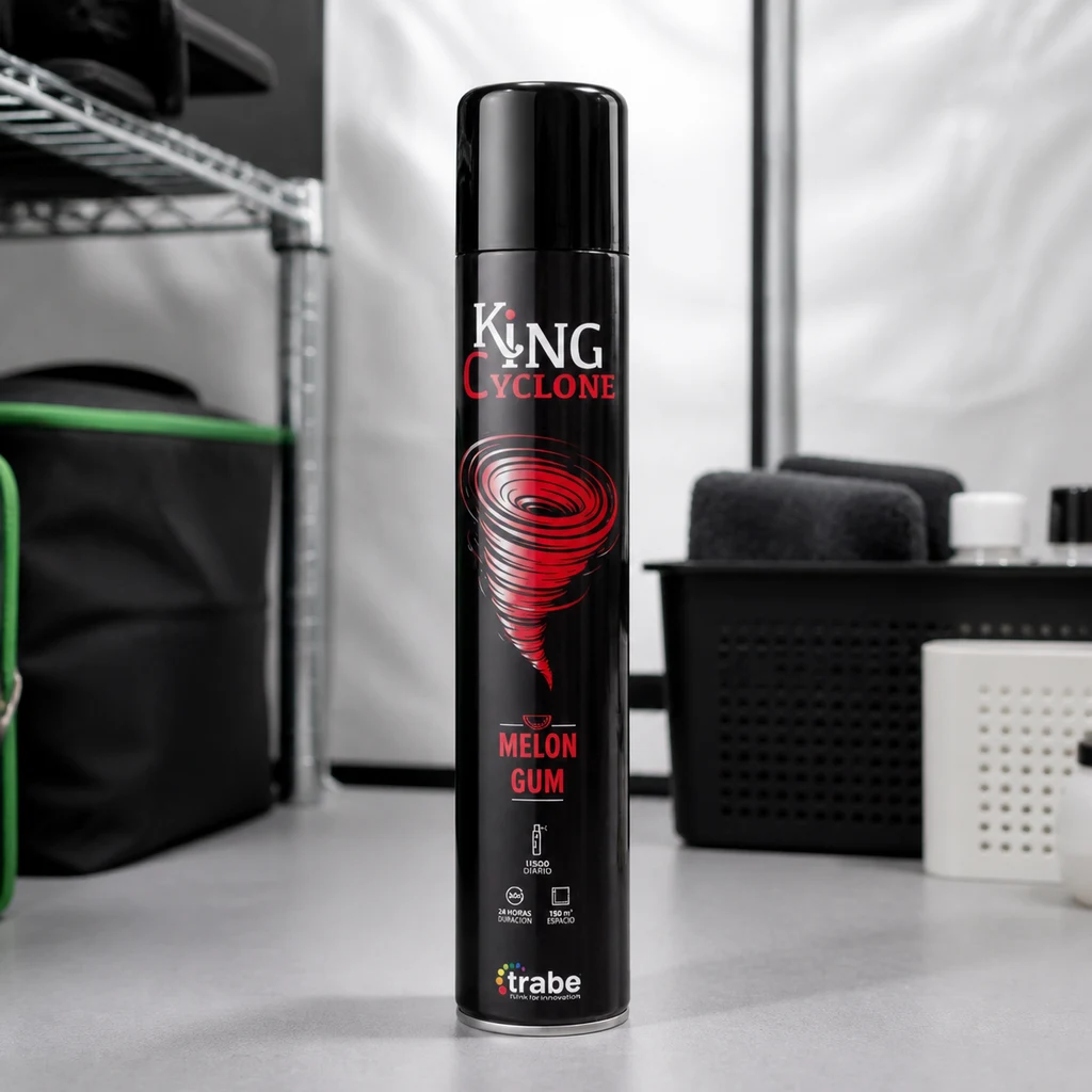 Aerosol negro King Cyclone de Trabe con dibujo de tornado rojo y texto Melon Gum, sobre una mesa junto a accesorios de cultivo. Aerosol negro King Cyclone de Trabe con dibujo de tornado rojo y texto Melon Gum, sobre una mesa junto a accesorios de cultivo.