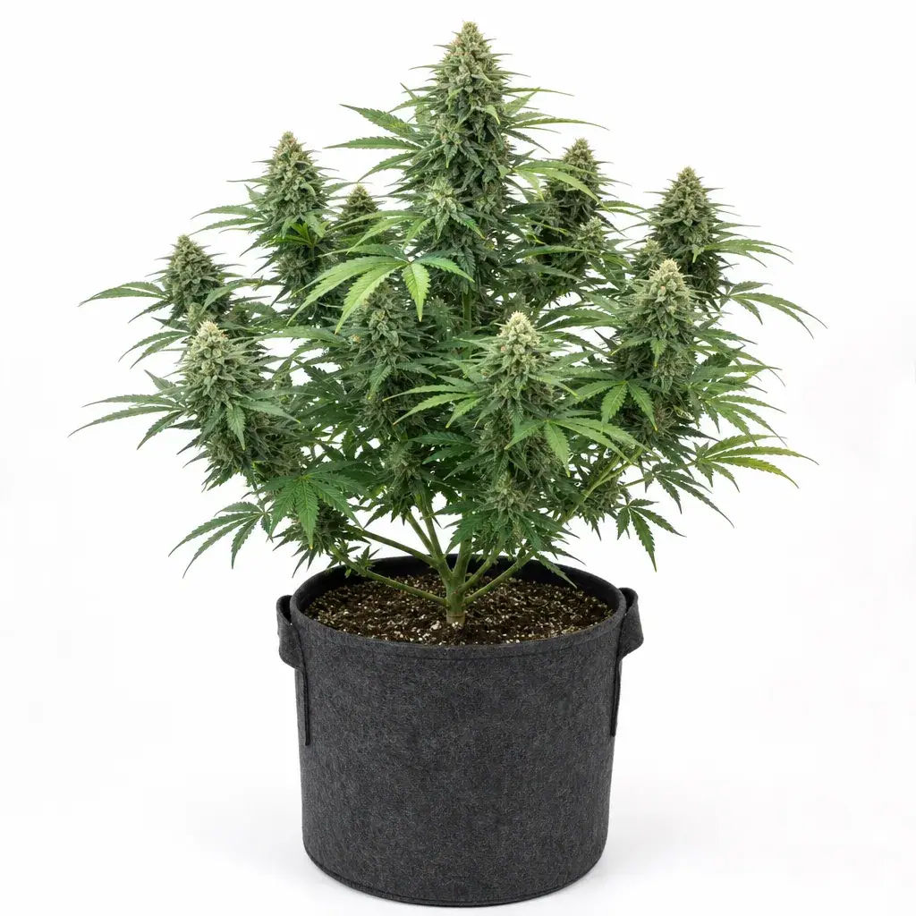Planta de OG Kush Auto en maceta de tela oscura, con varios cogollos densos y hojas verdes dentadas sobre fondo blanco.