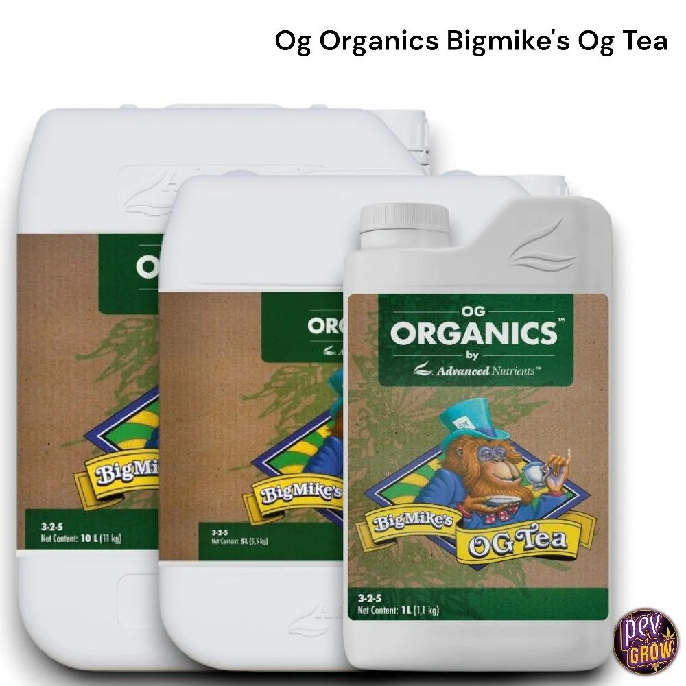 OG Organics BigMike’s OG Tea en formatos de 1, 5 y 10 litros, con envases blancos y etiquetas verdes y marrones ilustradas con un orangután. OG Organics BigMike’s OG Tea en formatos de 1, 5 y 10 litros, con envases blancos y etiquetas verdes y marrones ilustradas con un orangután.