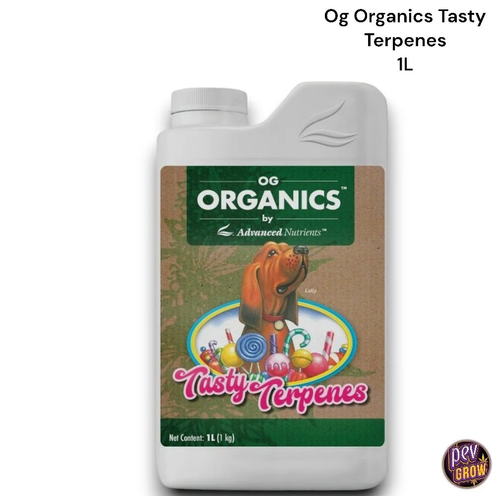 Envase blanco de OG Organics Tasty Terpenes de Advanced Nutrients, de 1 L, con etiqueta verde y un perro entre dulces ilustrados.