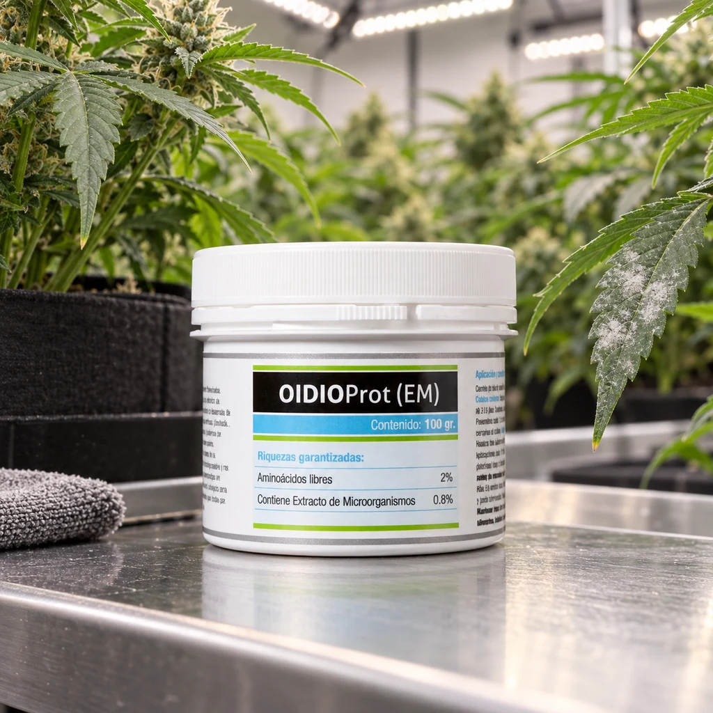 Bote blanco de OIDIOProt de 100 g sobre una mesa metálica, entre plantas de cannabis y junto a una hoja con manchas blancas. Bote blanco de OIDIOProt de 100 g sobre una mesa metálica, entre plantas de cannabis y junto a una hoja con manchas blancas.