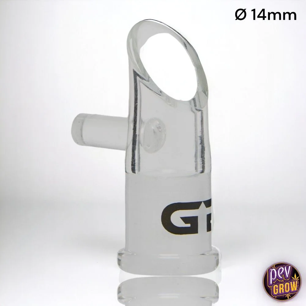 Cúpula transparente para ceras Grace Glass con abertura superior inclinada, tubo lateral y base esmerilada sobre fondo blanco.