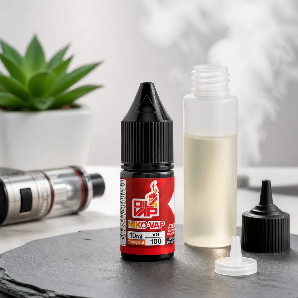 Frasco de Oil4vap NikoVap con etiqueta roja junto a un bote abierto con líquido claro, tapones sueltos y un vapeador al fondo.
