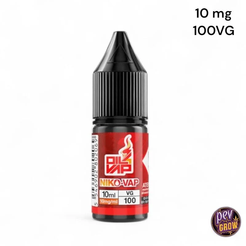 Frasco NikoVap de Oil4vap con tapón negro y etiqueta roja que indica 10 ml, 10 mg/ml y VG 100, sobre fondo blanco.