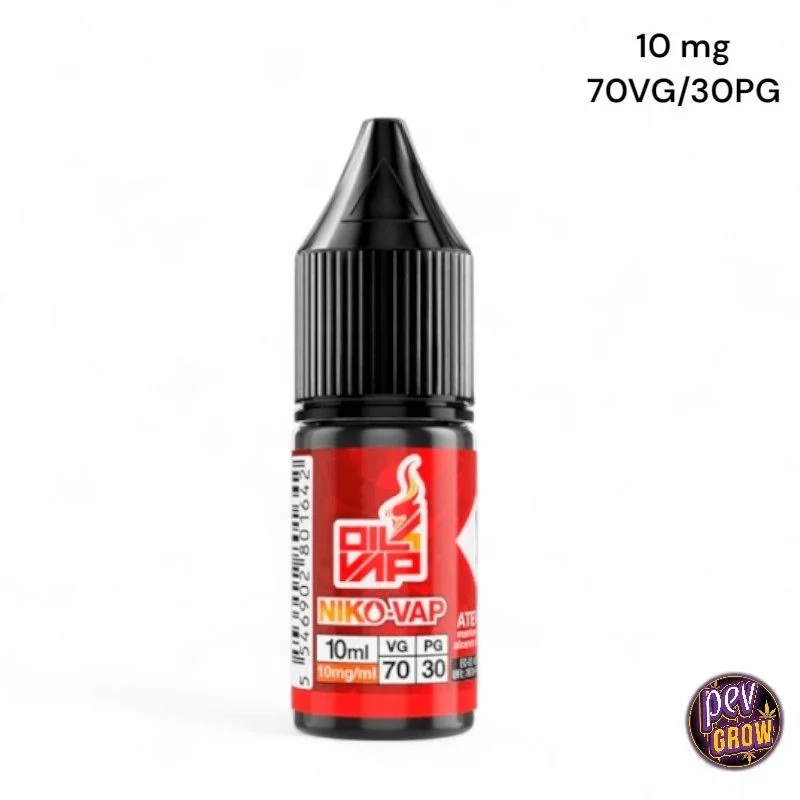 Frasco NikoVap de Oil4Vap con tapón negro y etiqueta roja; se leen 10 ml, 10 mg/ml y la proporción 70VG/30PG sobre fondo blanco.