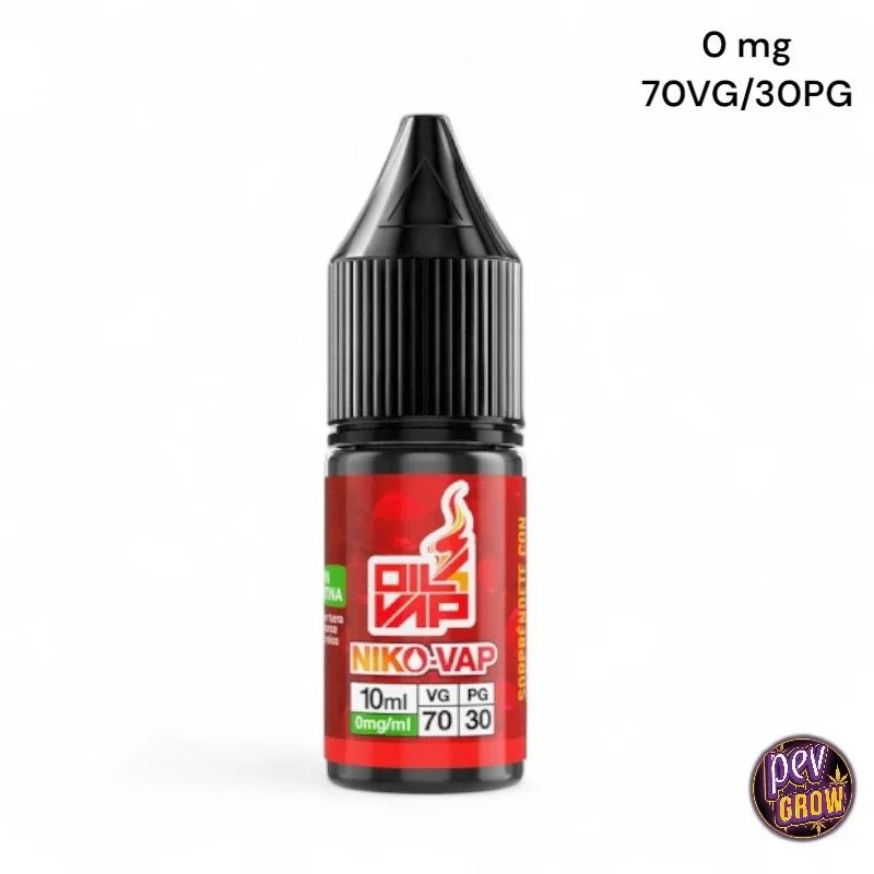 Frasco NikoVap de Oil4Vap con tapón negro y etiqueta roja de 10 ml; aparecen las indicaciones 0 mg y 70VG/30PG.